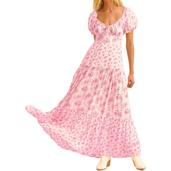 Women's Boho Floral Maxi Dress V-Neck Puff Sleeves Tiered Ruffle Hem Pink S
